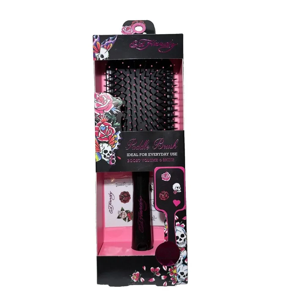 Ed Hardy Paddle Hair Brush Black Pink with Customize Fun Stickers New In Box
